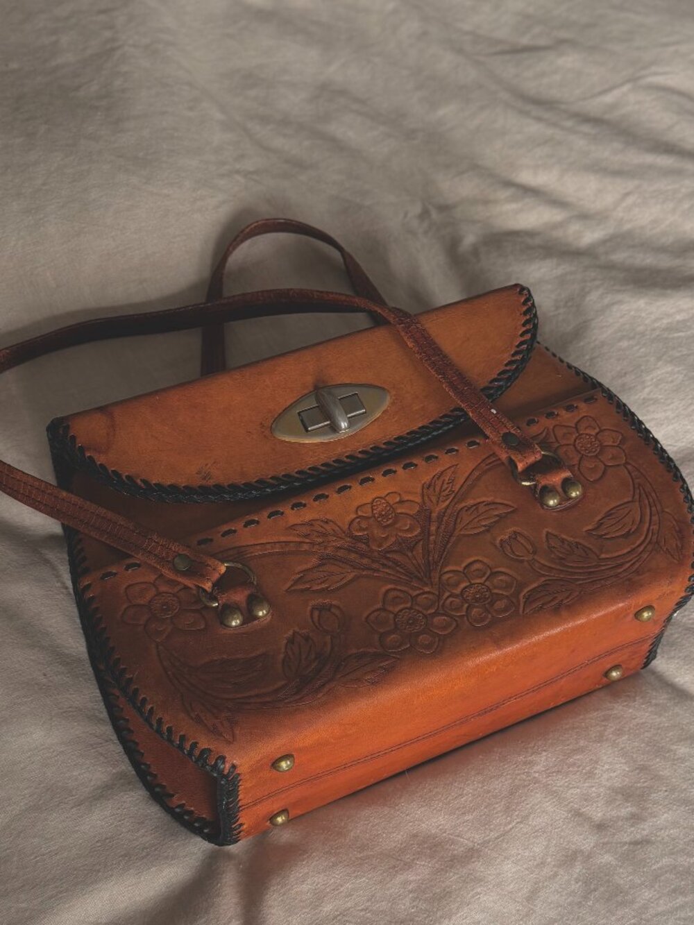 Vintage 1960s Hand Tooled Leather Handbag | Floral Cognac Leather Boho Purse